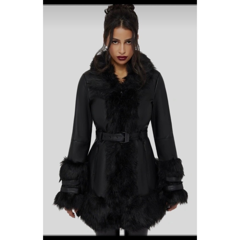 Killstar Night Owl Coat Black Faux Leather Fur Trim Belted Gothic XL KSRA013417